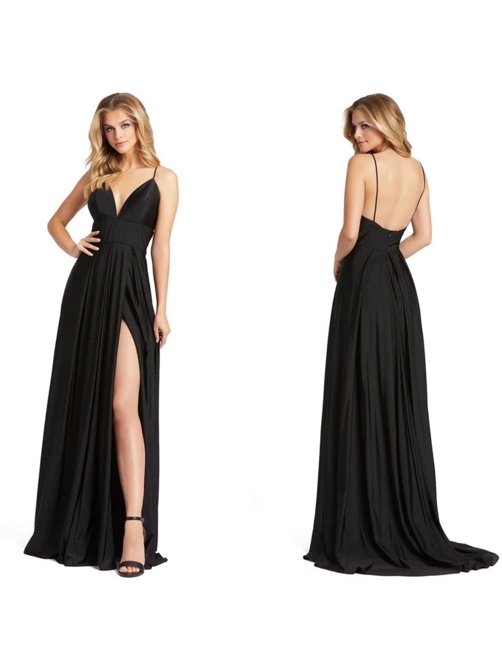 Mac Duggal Leena Deep V Spaghetti Strap/High Slit/Low Back Maxi Dress